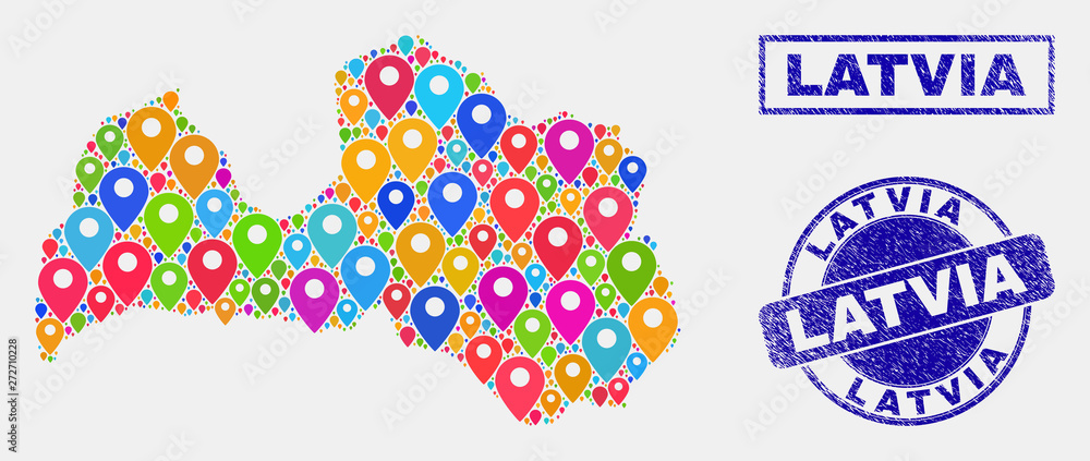 Vector bright mosaic Latvia map and grunge stamp seals. Abstract Latvia map is formed from scattered bright geo symbols. Seals are blue, with rectangle and round shapes. Vector bright mosaic Latvia map and grunge stamp seals. Abstract Latvia map is formed from scattered bright geo symbols. Seals are blue, with rectangle and round shapes.