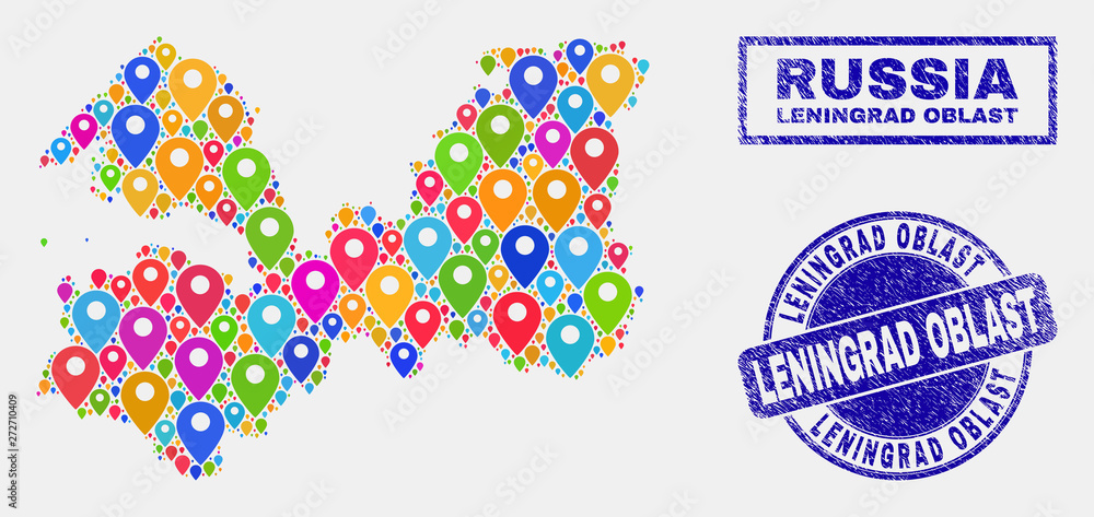 Vector bright mosaic Leningrad Region map and grunge seals. Abstract Leningrad Region map is created from randomized bright navigation pins. Seals are blue, with rectangle and round shapes.