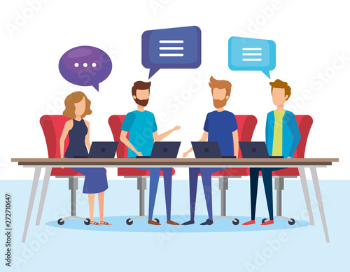 business people with speech bubbles in office vector illustration