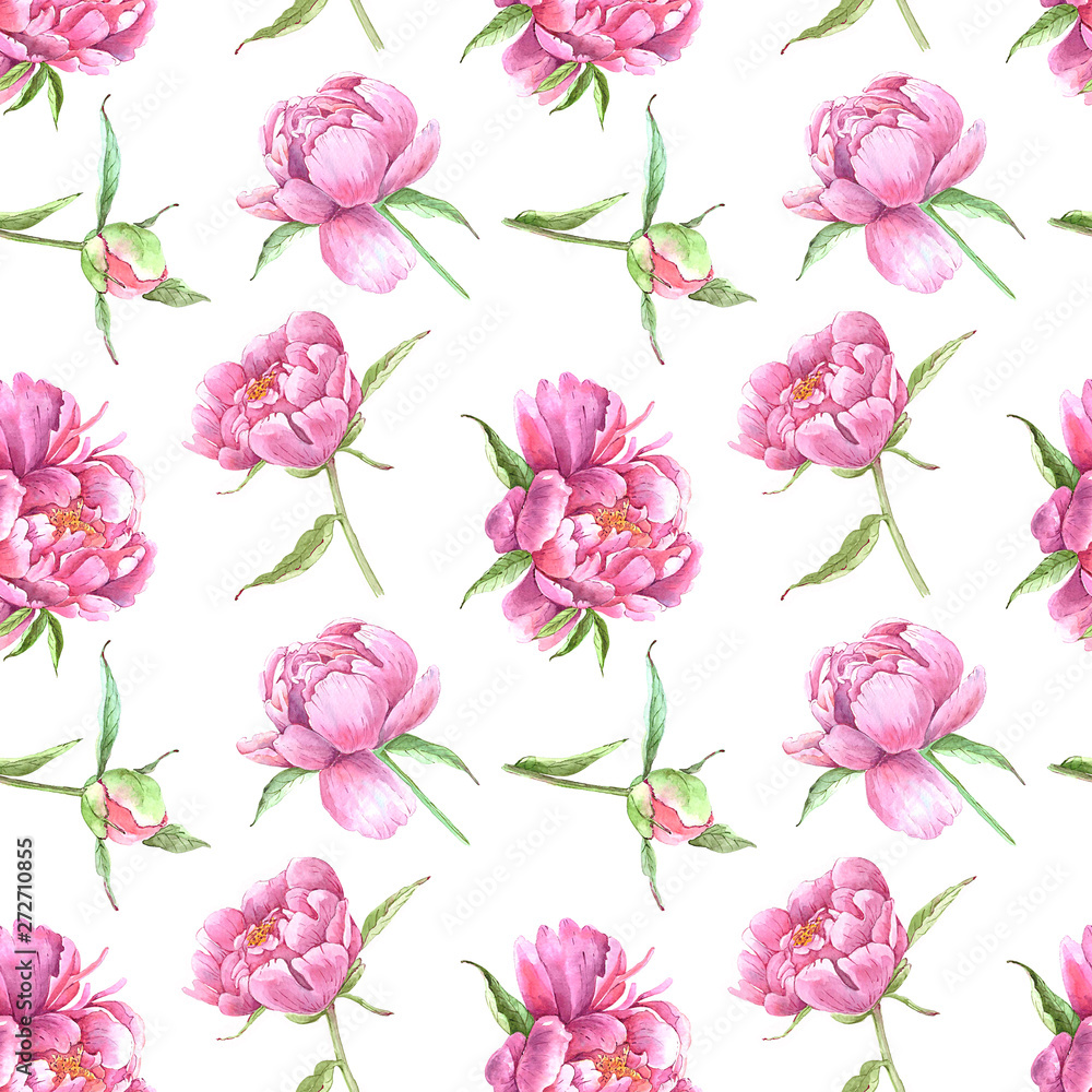 watercolor pattern of pink peony flowers on a white background watercolor pattern of pink peony flowers on a white background
