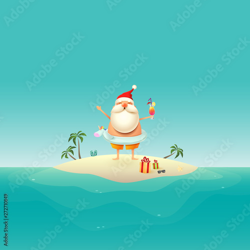 Santa Claus with Unicorn swim float celebrate summer at sandy island