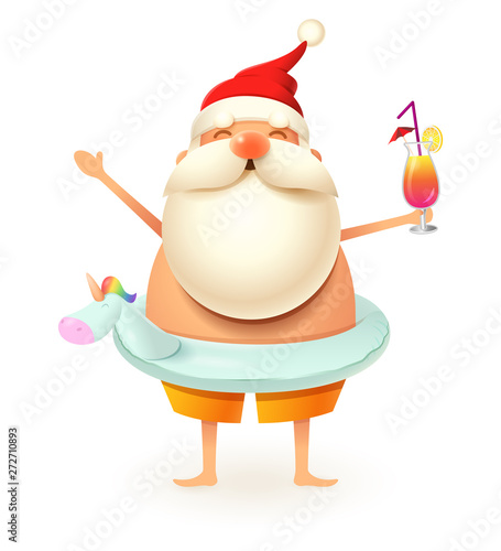 Santa Claus with inflatable unicorn swim ring celebrate summer - isolated on white background