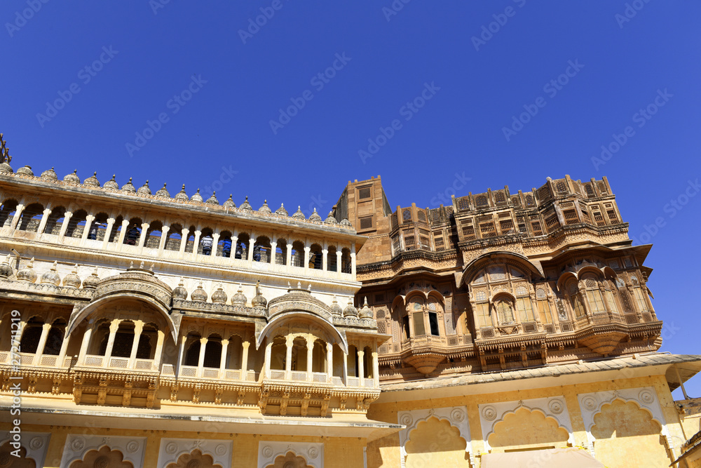 inside Mehrangarh fort view at the decorative building facade in Jodhpur, Rajasthan, India