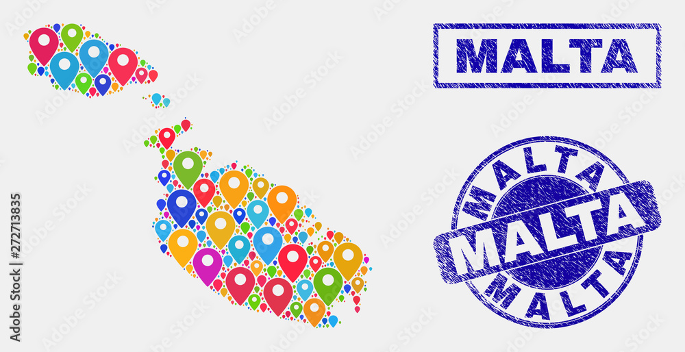 Vector bright mosaic Malta map and grunge seals. Flat Malta map is created from randomized colorful navigation pins. Stamp seals are blue, with rectangle and round shapes. Vector bright mosaic Malta map and grunge seals. Flat Malta map is created from randomized colorful navigation pins. Stamp seals are blue, with rectangle and round shapes.