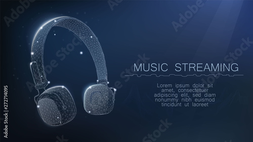 Headphones wireless. Music streaming sevice concept. Vector low poly wireframe mesh in the form of a starry sky or space, consisting of points, lines, and shapes in the form of stars