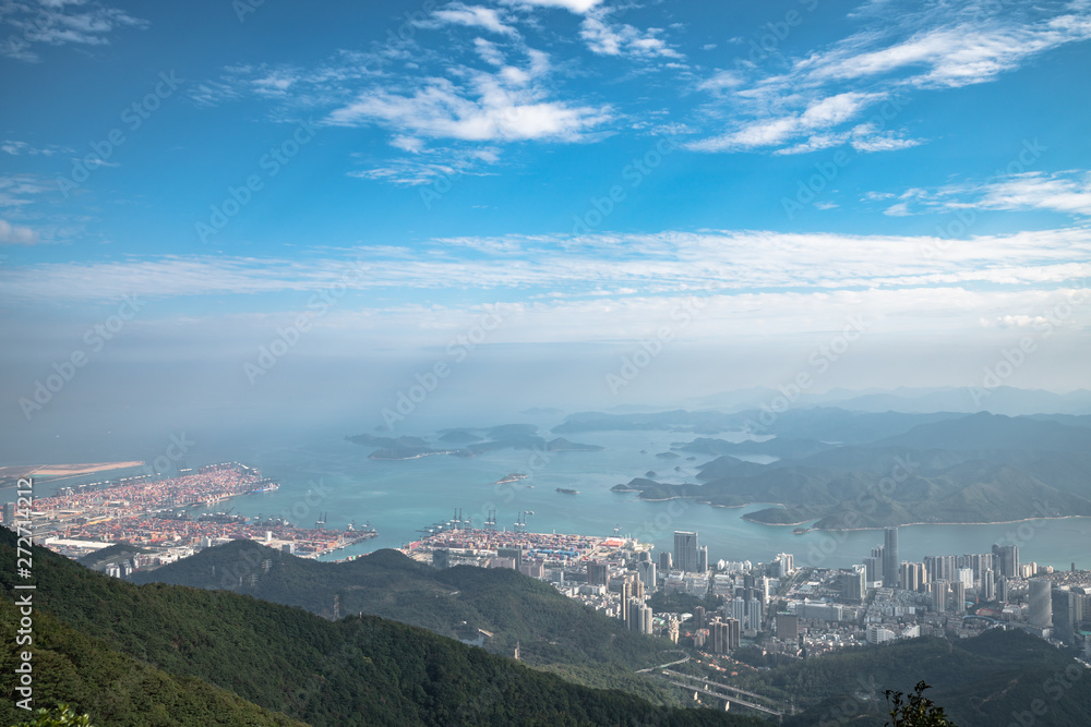 Panorama view of Shenzhen cityscape from top of Wutong Mountain