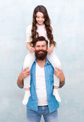 Fun time together. Child and dad best friends. Friendly relations. Fathers day concept. Happy to be father. Father and daughter having fun. Playing with mustache. Celebrate holiday. Cheerful father