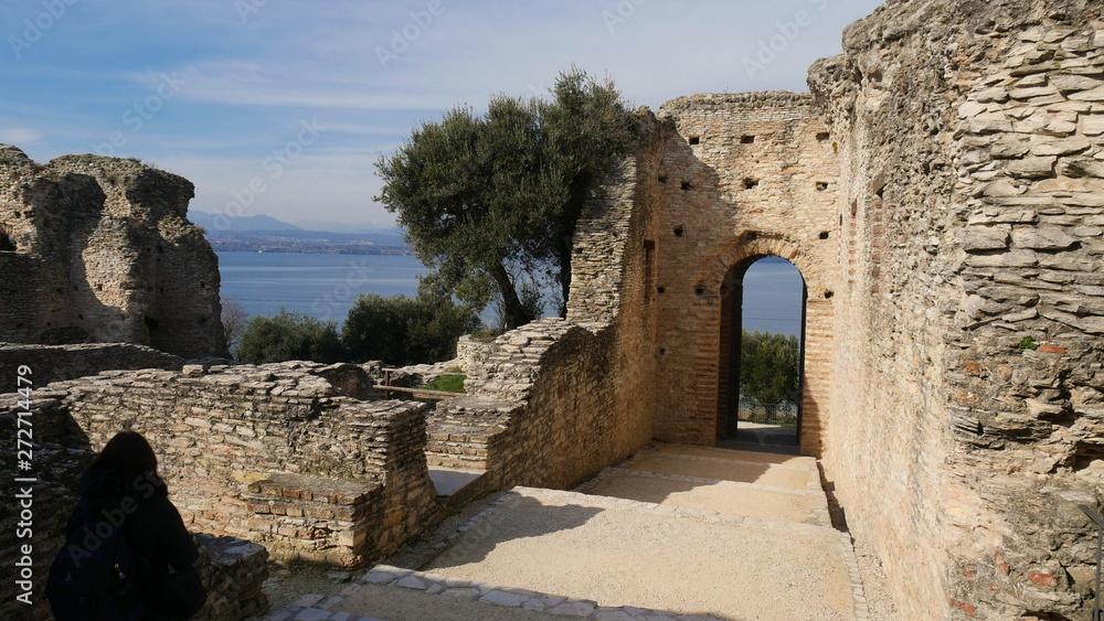 The ruins of a Roman villa in Sirmione, located in Italy, right on the shore of the lake.