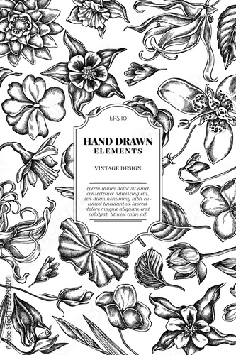 Fotografie Card design with black and white ylang-ylang, impatiens, daffodil, tigridia, lot