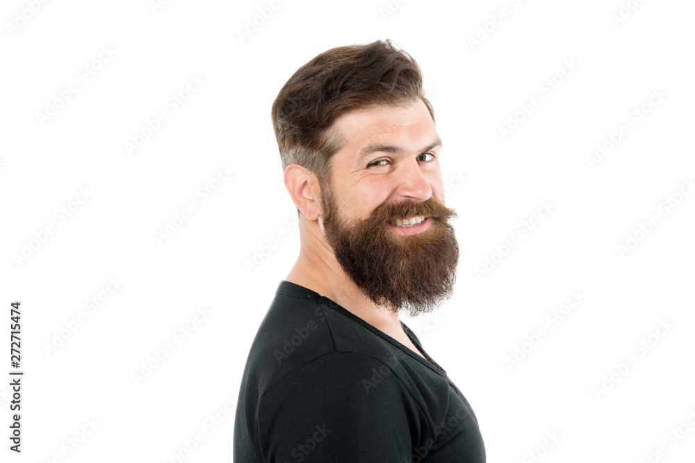 Smiling macho. Barber shop concept. Man bearded hipster with mustache. Beard mustache grooming guide. Hipster handsome bearded guy white background. Growing and maintaining moustache. Grow mustache
