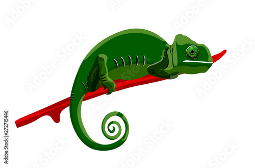 Isolated image with bright green cartoon style chameleon on the red line. Tailed large-eyed small exotic reptile.