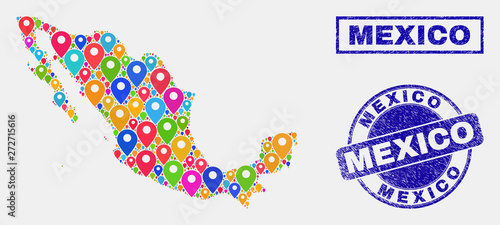Vector bright mosaic Mexico map and grunge seals. Abstract Mexico map is composed from scattered bright navigation symbols. Stamp seals are blue, with rectangle and rounded shapes.