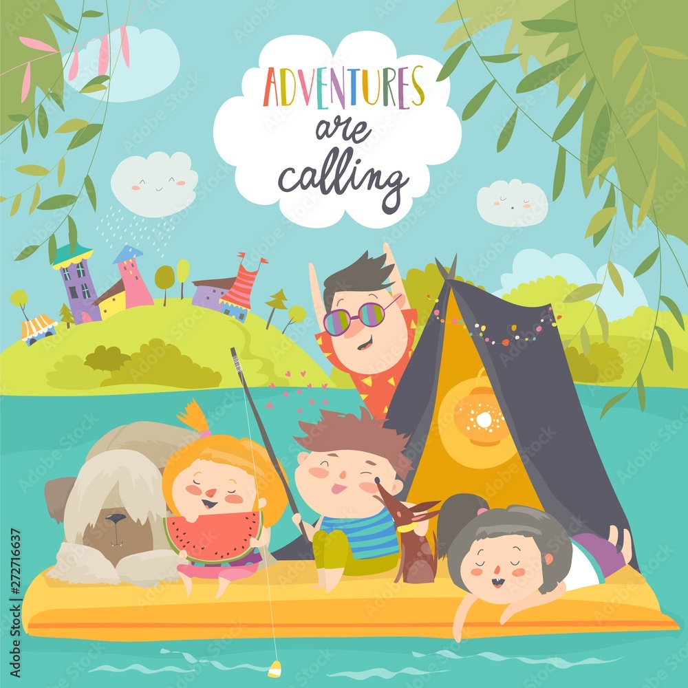 Happy kids riding on the raft on the lake. Little friends floating in a ...