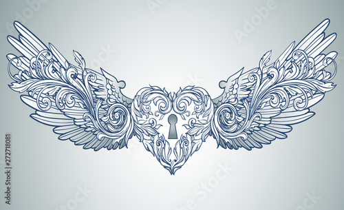 Heart with wings in ornaments and vintage patterns