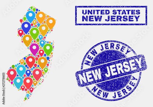Vector colorful mosaic New Jersey State map and grunge stamp seals. Abstract New Jersey State map is composed from scattered bright site symbols. Seals are blue, with rectangle and round shapes.