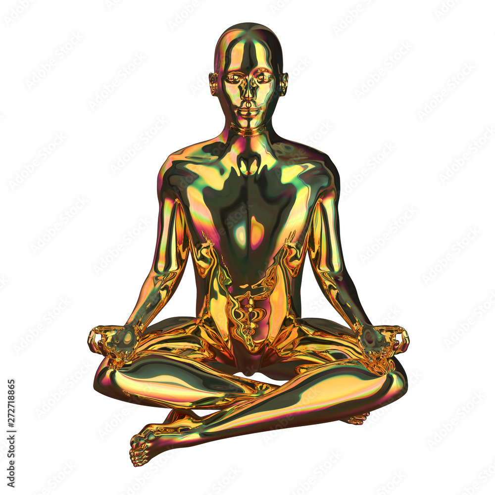 Fototapeta premium Golden man stylized figure lotus pose sparkling glossy
