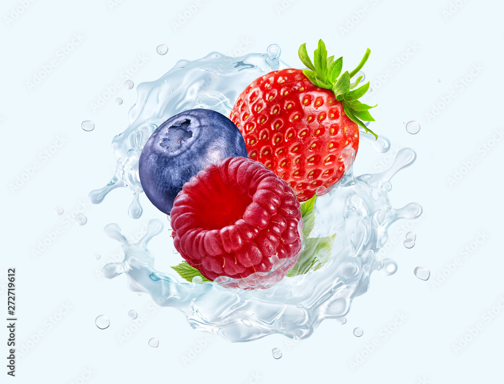 Fresh cold pure strawberry, blueberry, raspberry flavored water wave 3D splash. Clean infused