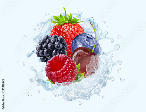 Fresh cold pure strawberry  cherry  raspberry  blackberry  blueberry flavored water wave splash. Clean infused water wave splash with forest fruits. Flavored drink splash design. 3D