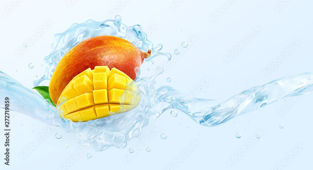 Fresh cold pure mango flavored water wave splash. Clean infused water or liquid fluid wave splash with mango, mango slices with 3D design elements. Healthy flavored fruit drink splash Fresh cold pure mango flavored water wave splash. Clean infused water or liquid fluid wave splash with mango, mango slices with 3D design elements. Healthy flavored fruit drink splash