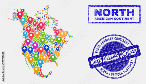 Vector colorful mosaic North America v2 map and grunge seals. Flat North America v2 map is composed from scattered colorful map locations. Seals are blue, with rectangle and round shapes.