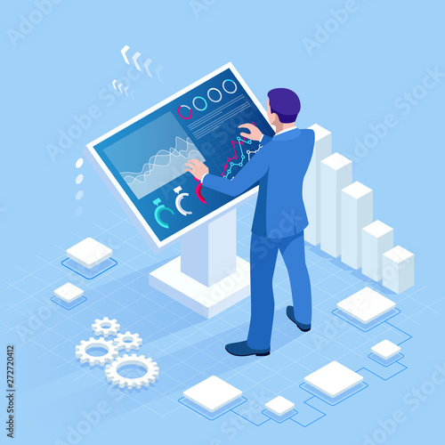 Isometric digital monitor with infographics. Male standing at the big display. Concept of business assistance. Interactive Information Kiosk, Advertising Display, Terminal Stand
