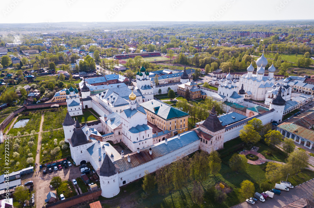 Aerial view of  city of Rostov-on-don with monastery and river Don