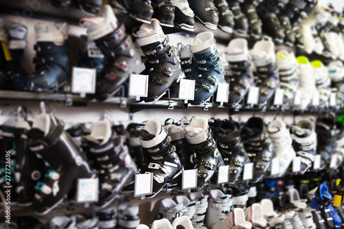 Diversity of ski boots for sale in modern store