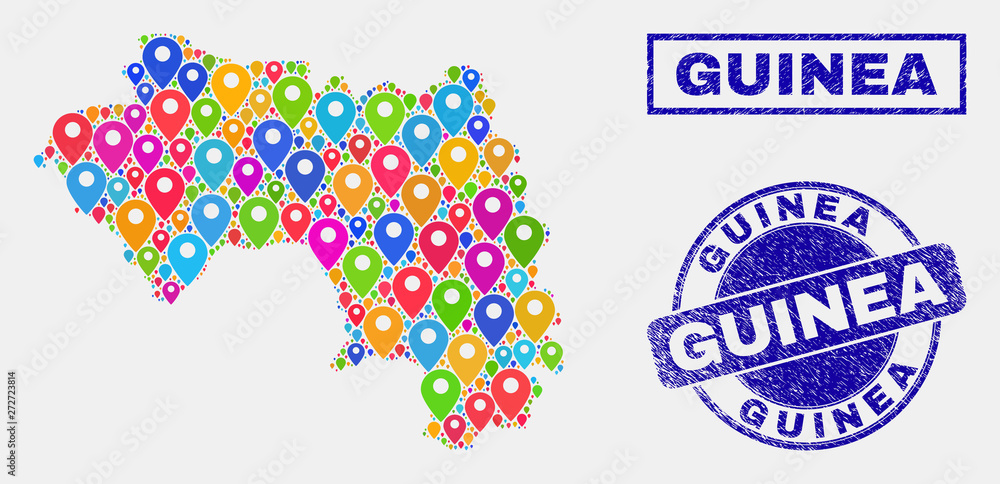 Vector bright mosaic Republic of Guinea map and grunge stamp seals. Abstract Republic of Guinea map is formed from randomized bright map pointers. Seals are blue, with rectangle and round shapes. Vector bright mosaic Republic of Guinea map and grunge stamp seals. Abstract Republic of Guinea map is formed from randomized bright map pointers. Seals are blue, with rectangle and round shapes.