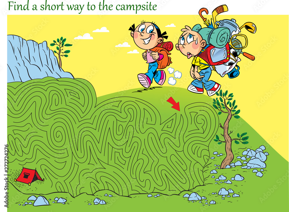 Fototapeta premium Puzzle with children who hike. You must find the right way in the maze and get to the camp.