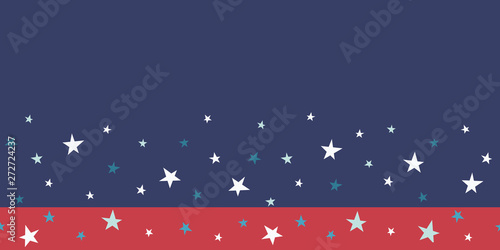 Patriotic scattered stars seamless border in red white and blue. Great for American holidays that honor Independence Day, Veterans, parades and celebrations. Banners, ribbon, graphic design uses.
