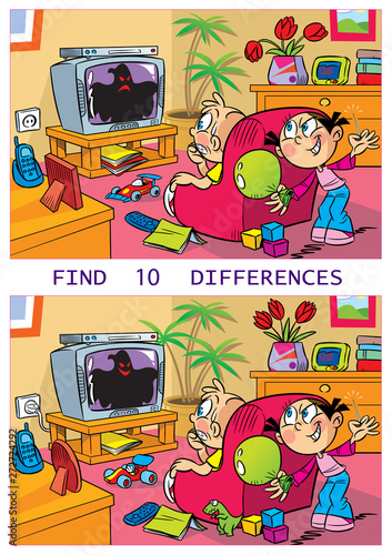 In vector illustration puzzle, in which children mischievous and play in the room. It is necessary to find ten differences in the pictures.