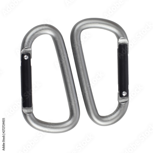 two grey climbing carabiner on a white background