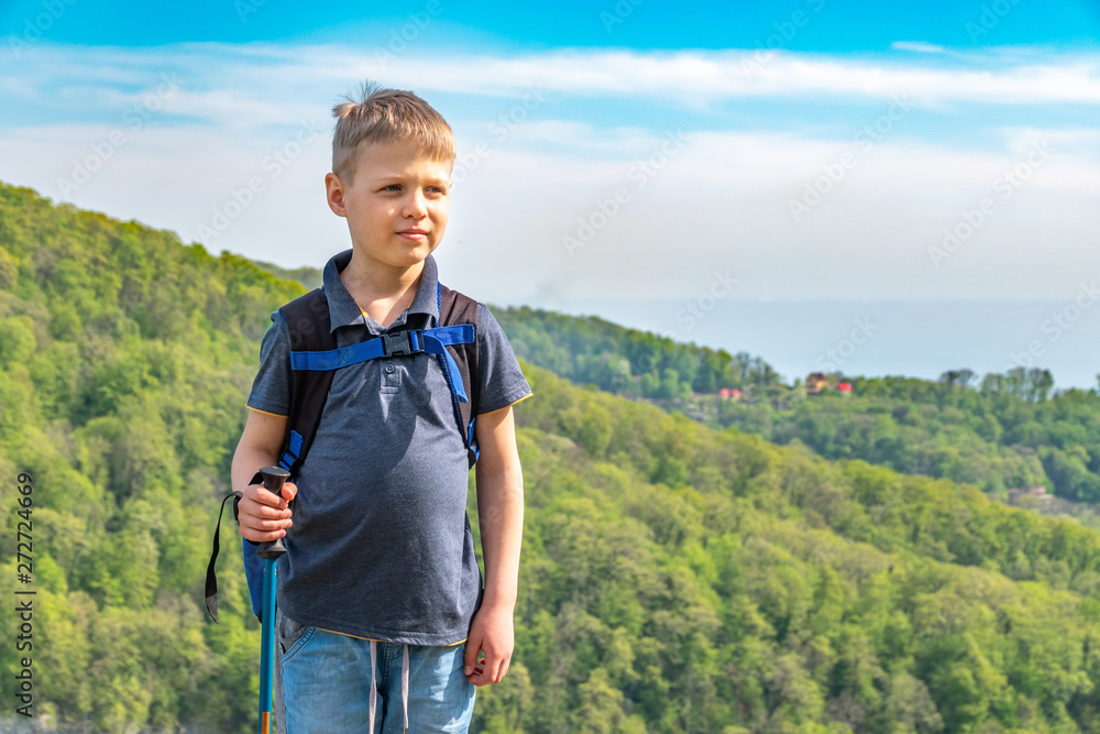 A boy traveler with trekking poles and a backpack stands on top of a mountain among green forest.
