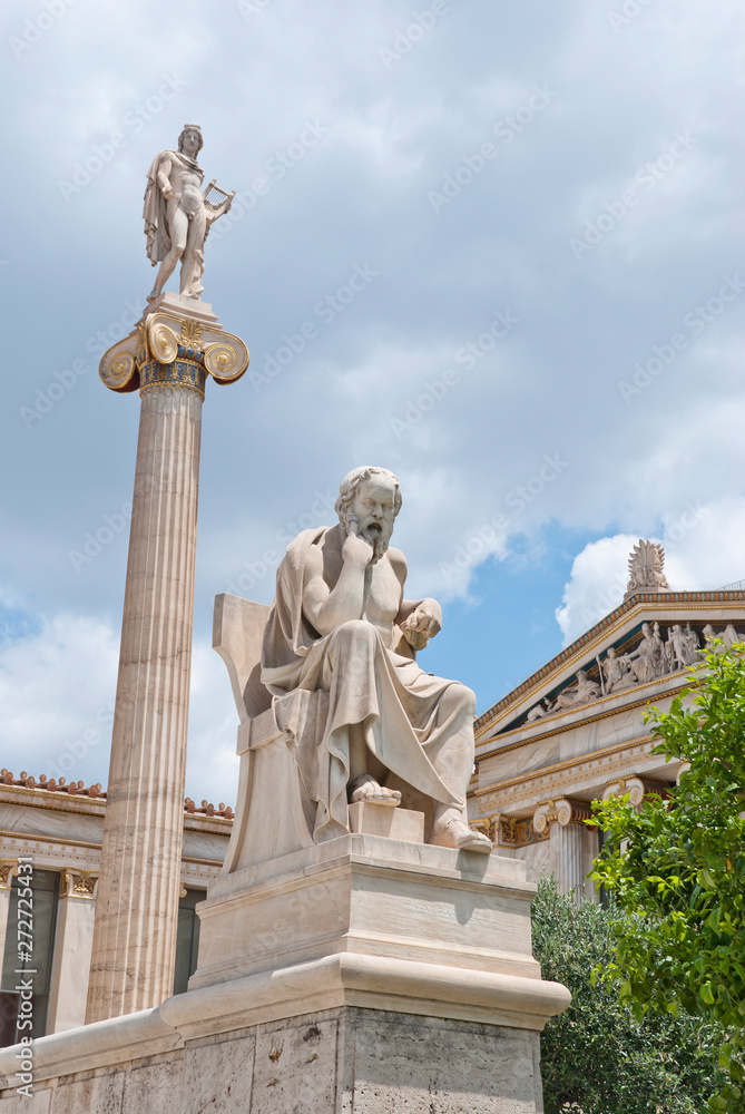 Athens, Greece / June 2019: The statue of Socrates at the University of Athens.