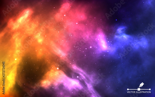 Space background. Realistic color cosmos with nebula and bright stars. Colorful galaxy and stardust. Starry sky concept. Futuristic backdrop for poster, banner. Vector illustration