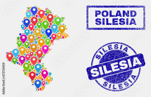 Vector colorful mosaic Silesian Voivodeship map and grunge stamp seals. Abstract Silesian Voivodeship map is created from random bright geo pins. Stamp seals are blue, with rectangle and round shapes.