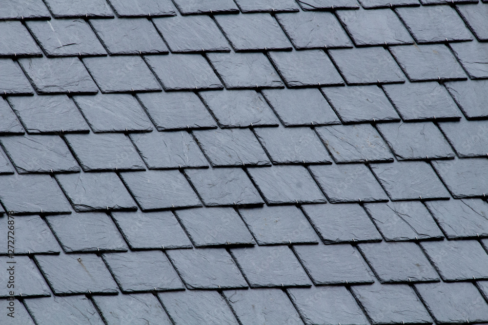 New slate roof, slate texture, perfect shape. Slating roof. Grey colors. - obrazy, fototapety, plakaty 