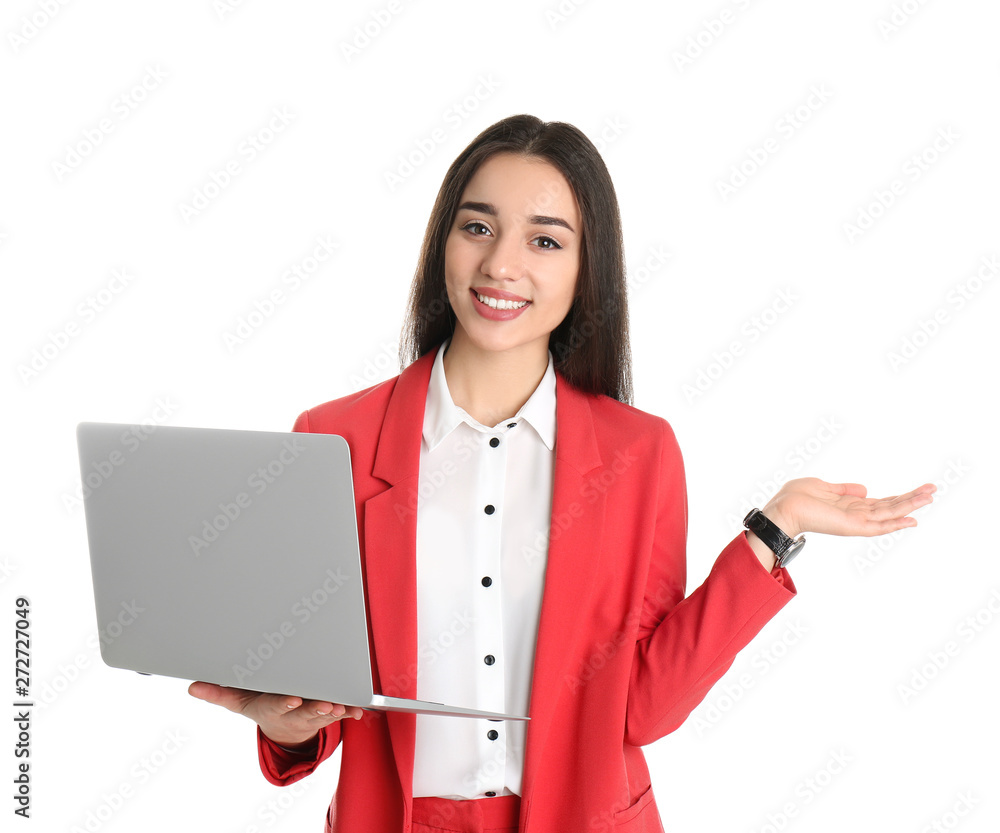 Portrait of young woman in office wear with laptop on white background Portrait of young woman in office wear with laptop on white background