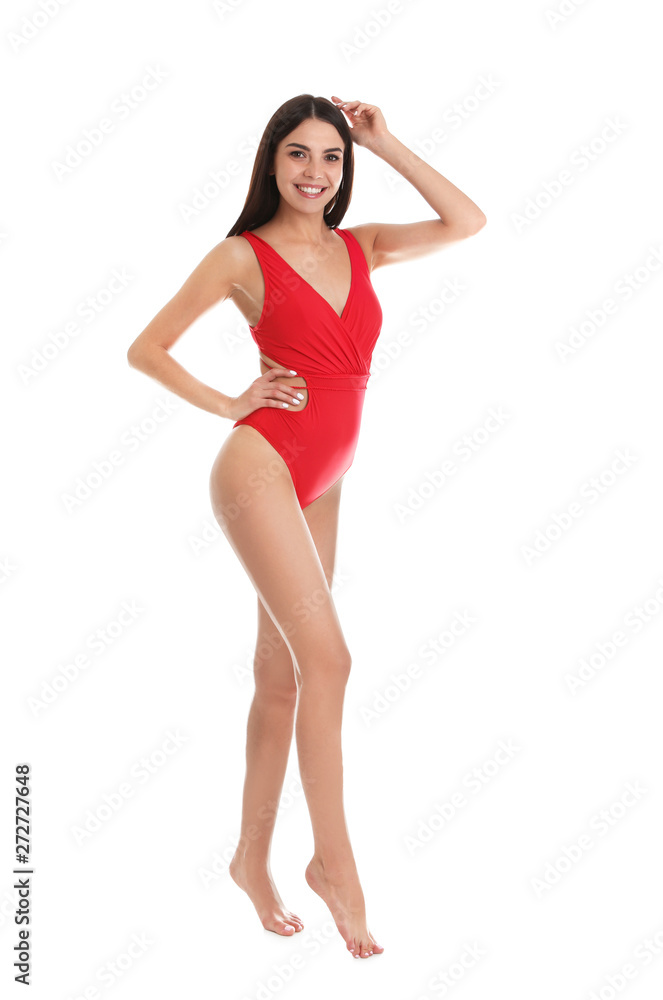 Full length portrait of attractive young woman with slim body in swimwear on white background Full length portrait of attractive young woman with slim body in swimwear on white background