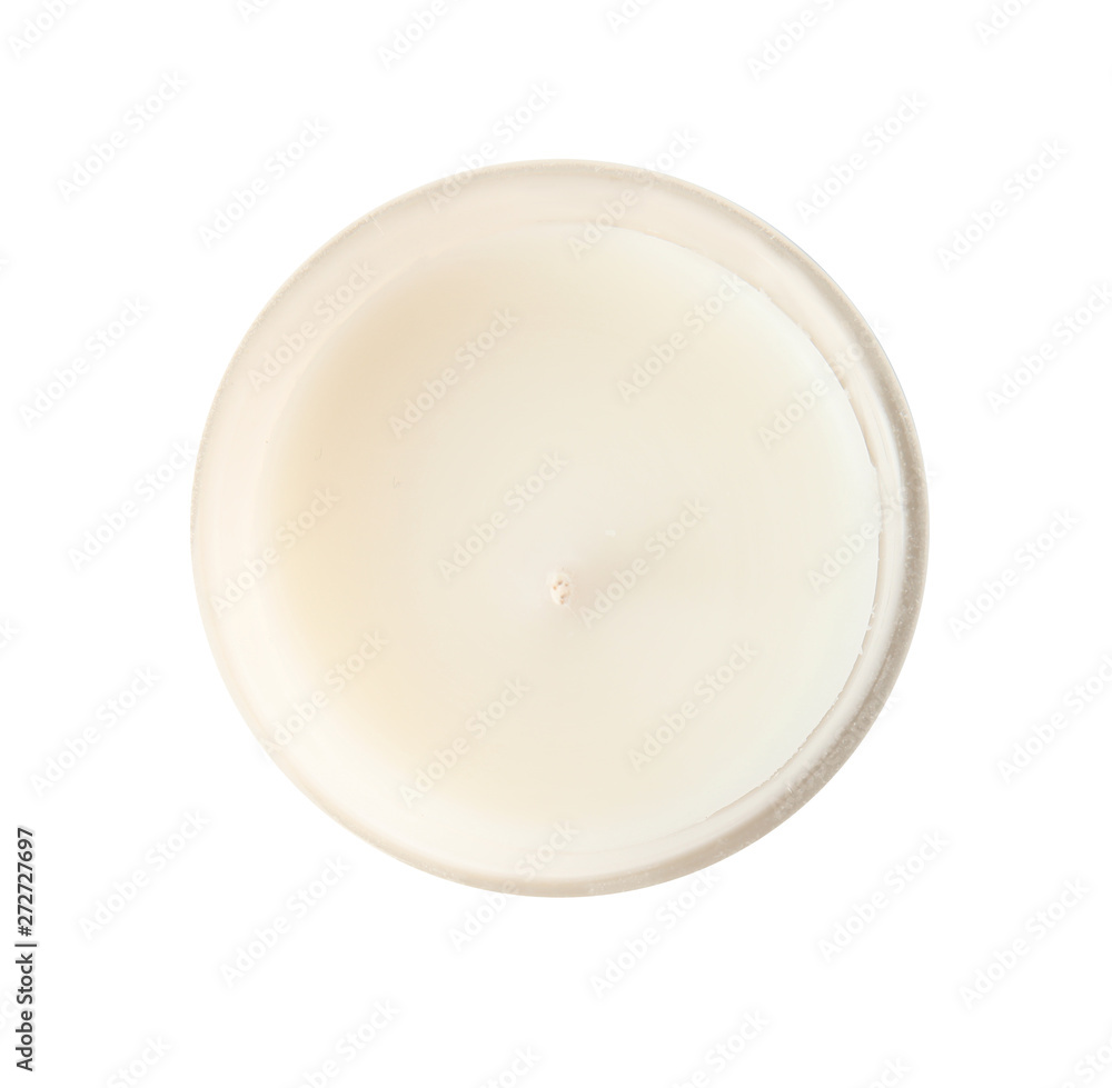 Candle in glass holder on white background, top view Candle in glass holder on white background, top view
