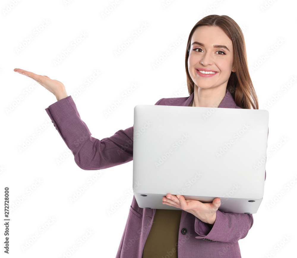 Portrait of beautiful woman with laptop on white background Portrait of beautiful woman with laptop on white background