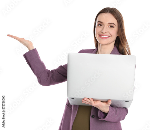 Portrait of beautiful woman with laptop on white background