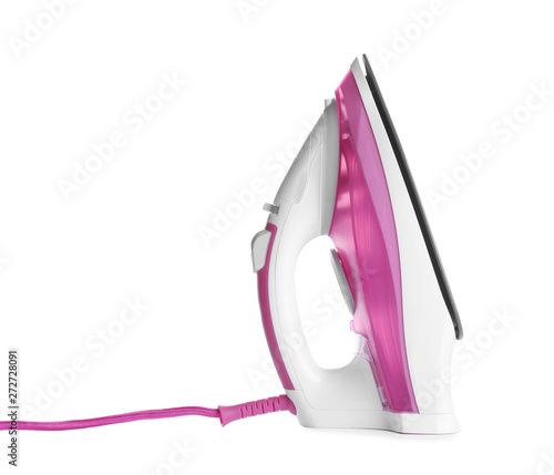 Modern electric iron on white background. Household appliance