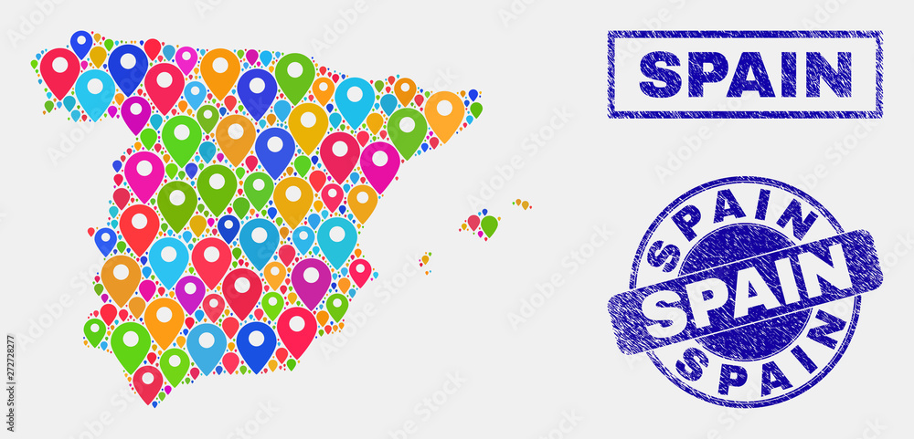 Vector bright mosaic Spain map and grunge stamp seals. Abstract Spain map is created from scattered bright navigation pins. Stamp seals are blue, with rectangle and round shapes.