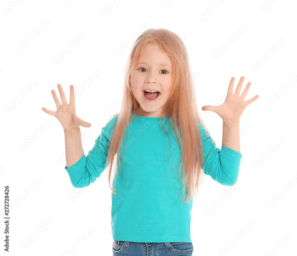 Portrait of emotional little girl in casual outfit on white background