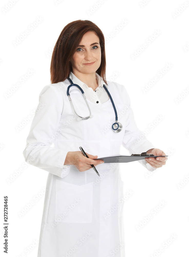 Portrait of female doctor with clipboard isolated on white. Medical staff Portrait of female doctor with clipboard isolated on white. Medical staff