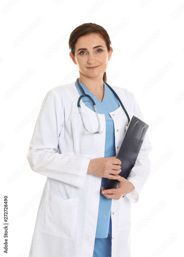 Portrait of female doctor with clipboard isolated on white. Medical staff Portrait of female doctor with clipboard isolated on white. Medical staff