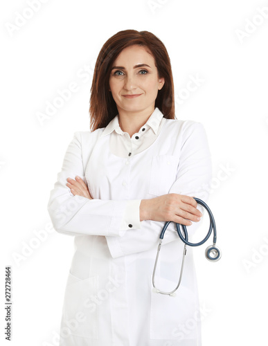 Portrait of female doctor isolated on white. Medical staff