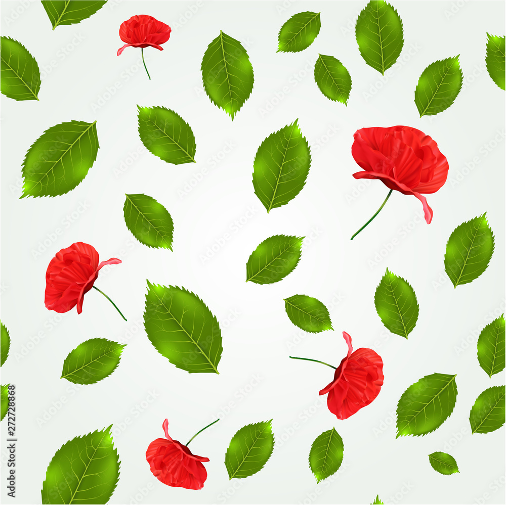 Spring seamless pattern with leaves and poppies Spring seamless pattern with leaves and poppies