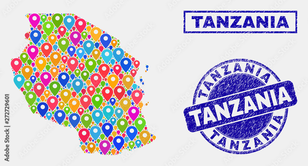 Vector bright mosaic Tanzania map and grunge seals. Flat Tanzania map is formed from scattered bright geo symbols. Stamp seals are blue, with rectangle and round shapes. Concept for tourist posters.